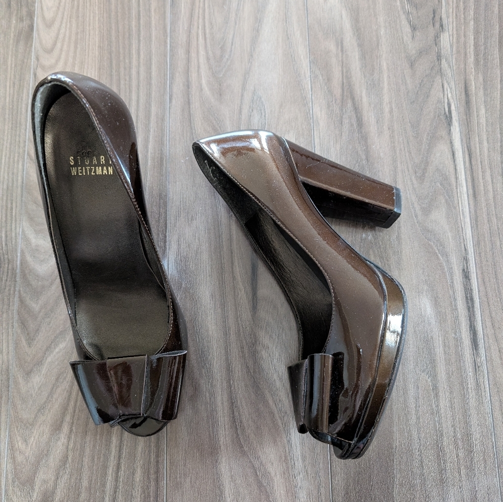Stuart Weitzman Brown Patent Leather Bow Block-Heel Pumps (Size 6.5)